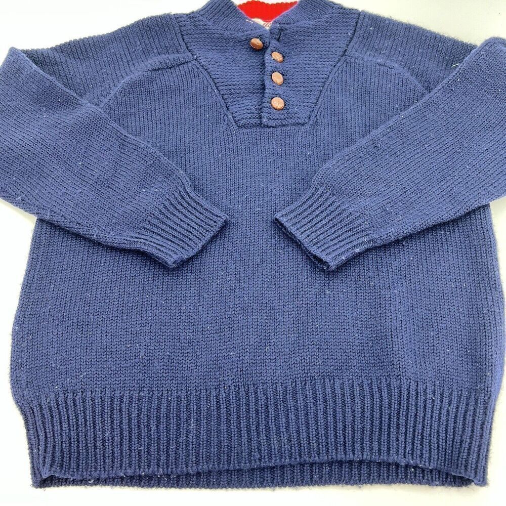 Vintage Donner Mountain Men's Pure Virgin Wool Large Knit Henley Sweater Blue